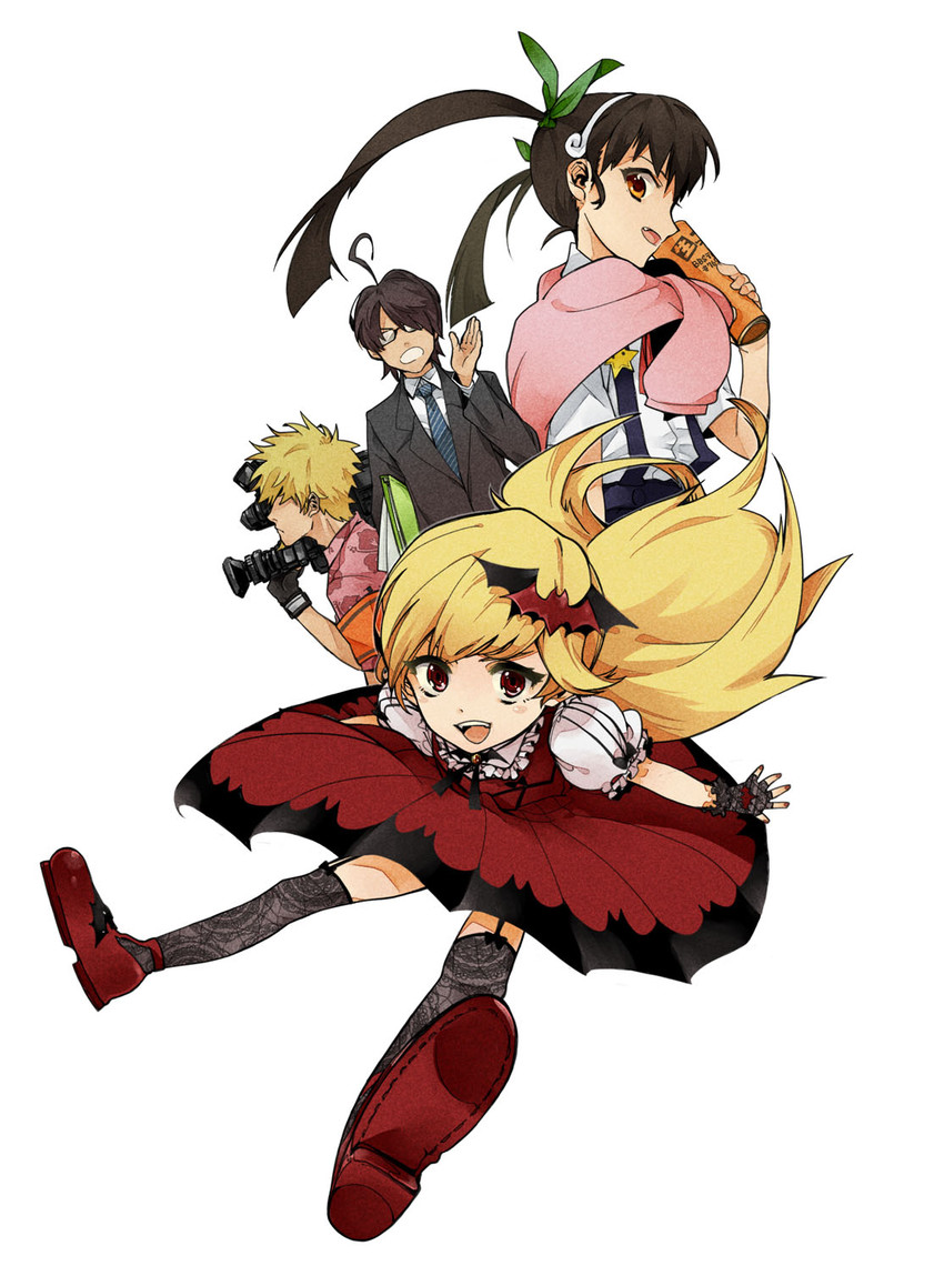 oshino shinobu, hachikuji mayoi, araragi koyomi, and oshino meme (idolmaster and 2 more) drawn by okuni_ken