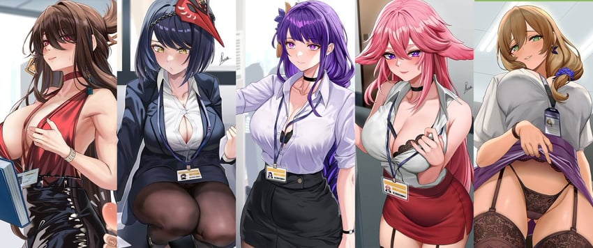 raiden shogun, yae miko, lisa, kujou sara, and beidou (genshin impact) drawn by piukute062