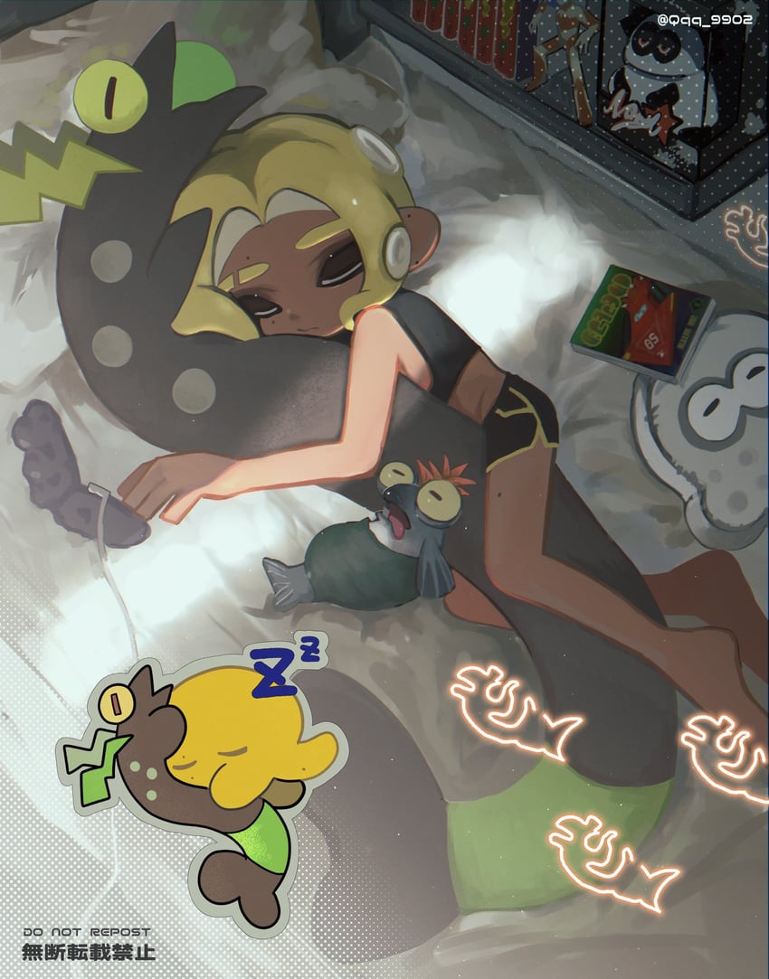 octoling player character, octoling boy, smallfry, and horrorboros (splatoon and 1 more) drawn by qqq_9902