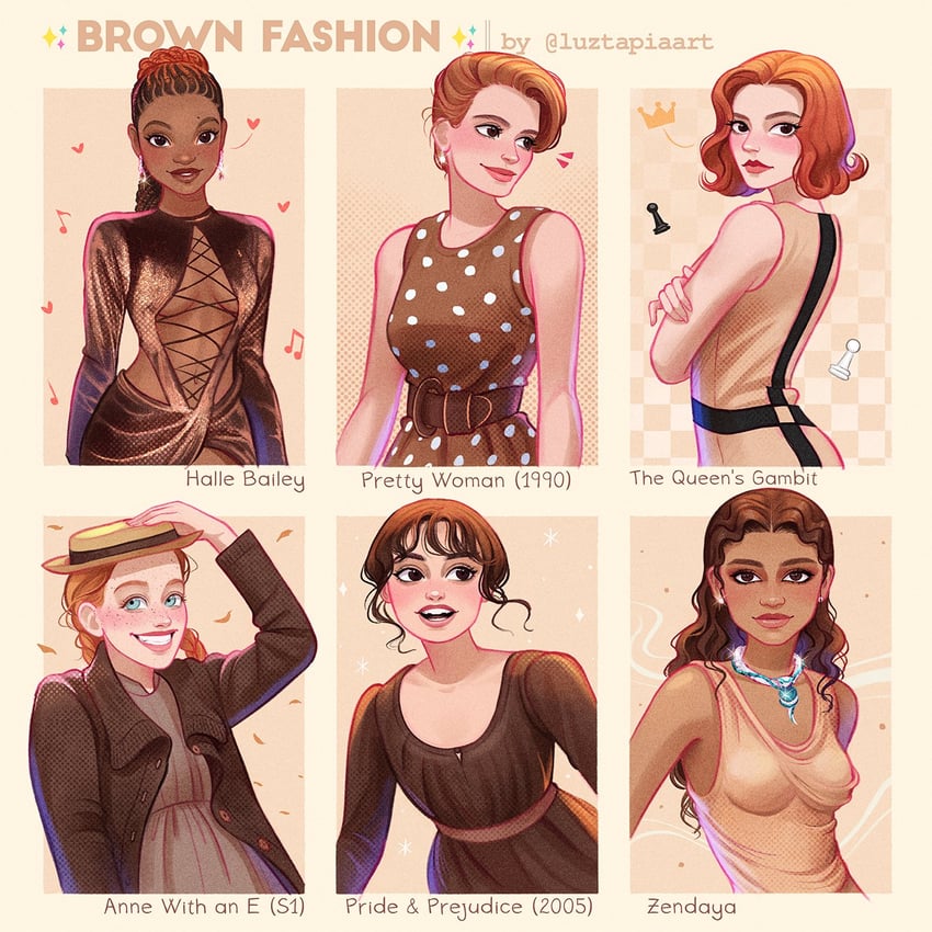 anne shirley, elizabeth harmon, zendaya, elizabeth bennet, vivian ward, and 1 more (real life and 4 more) drawn by luztapiaart