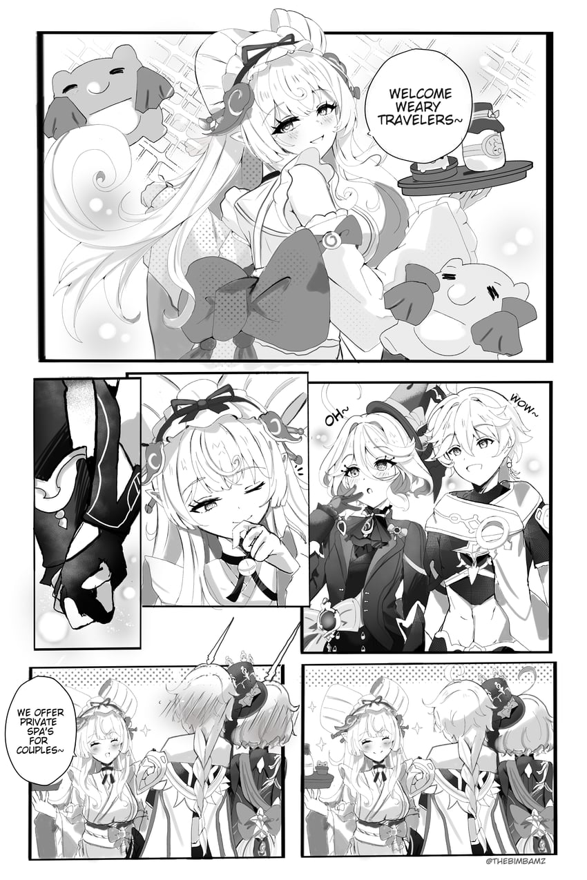aether, furina, and yumemizuki mizuki (genshin impact) drawn by bimmy