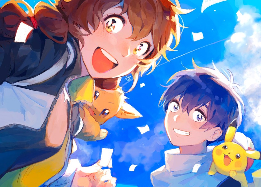 pikachu, eevee, gotcha! girl, and gotcha! boy (pokemon and 1 more) drawn by 43_pon