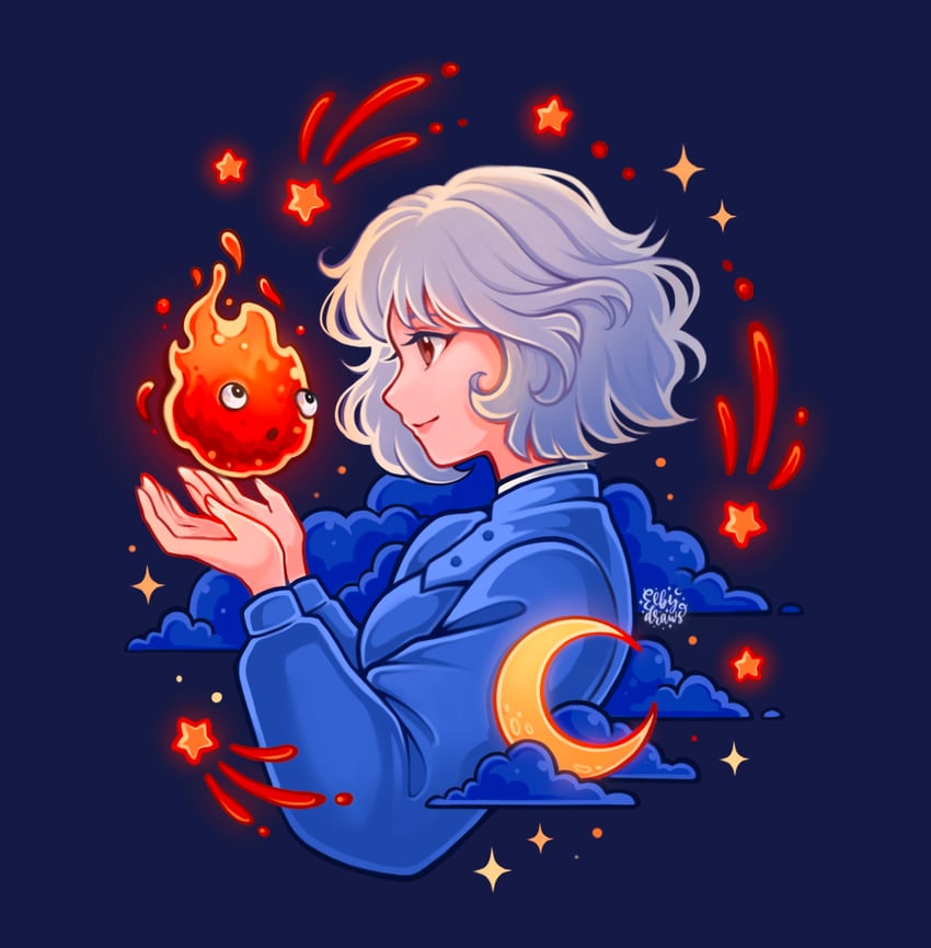 sophie hatter and calcifer (studio ghibli and 1 more) drawn by drawselby