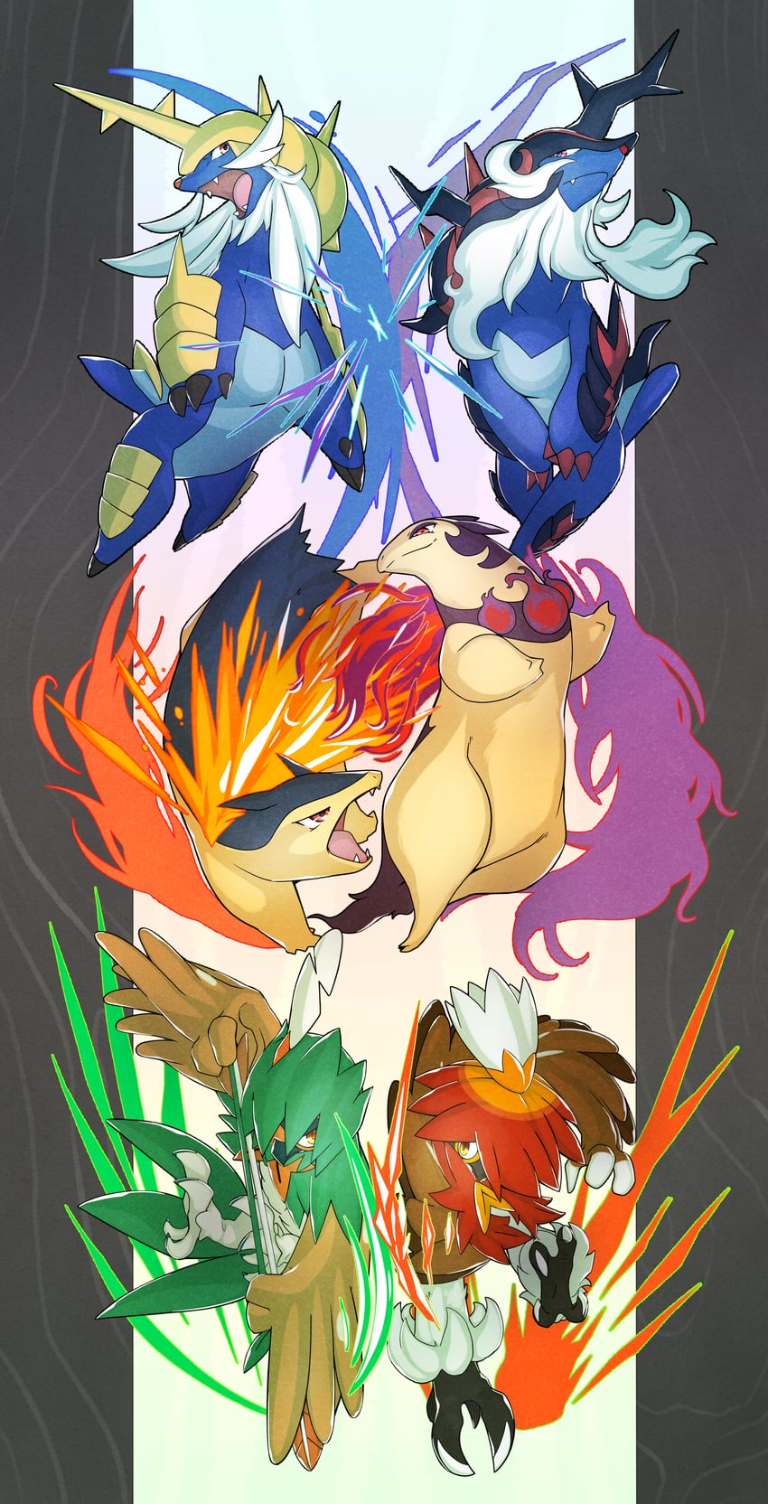 typhlosion, decidueye, hisuian typhlosion, samurott, hisuian decidueye, and 1 more (pokemon) drawn by kakashino_kakato