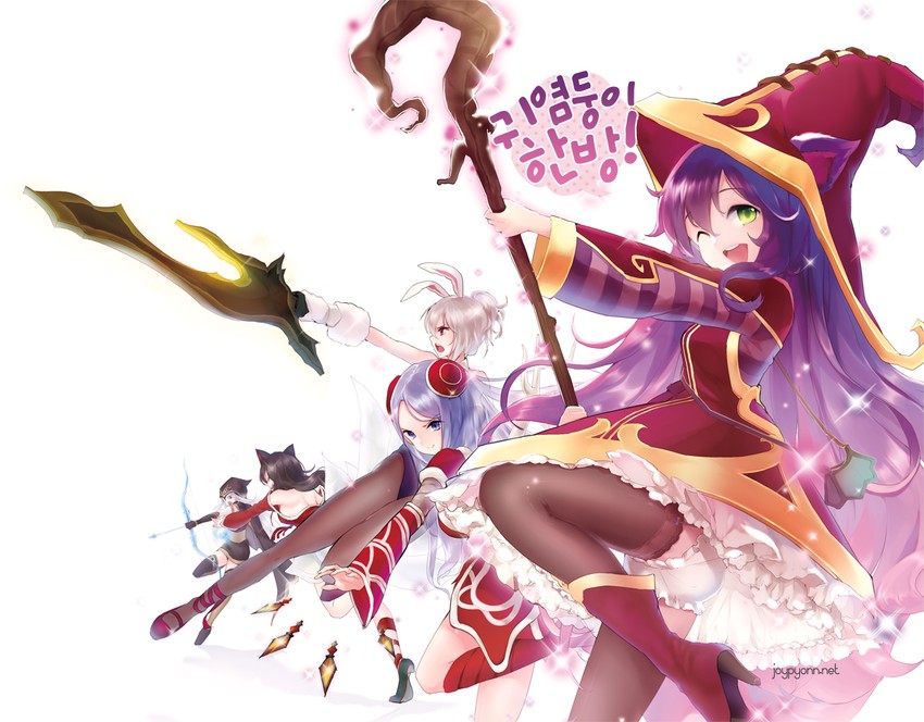 ahri, lulu, riven, irelia, and ashe (league of legends) drawn by elune_(artist) and joypyonn
