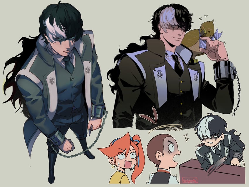 apollo justice, athena cykes, simon blackquill, and taka (ace attorney and 1 more) drawn by tirtyturtle