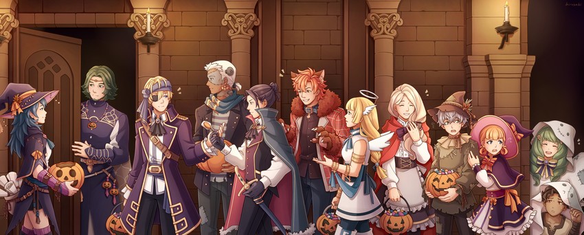female byleth, dimitri alexandre blaiddyd, ingrid brandl galatea, sylvain jose gautier, mercedes von martritz, and 7 more (fire emblem and 1 more) drawn by birusabi