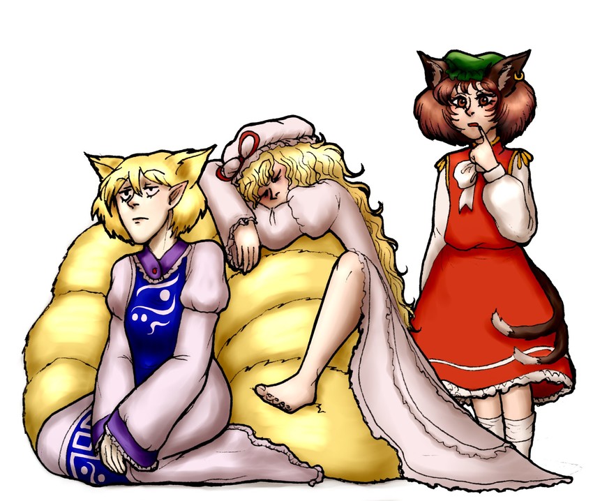 yakumo yukari, yakumo ran, and chen (touhou) drawn by moonywitcher