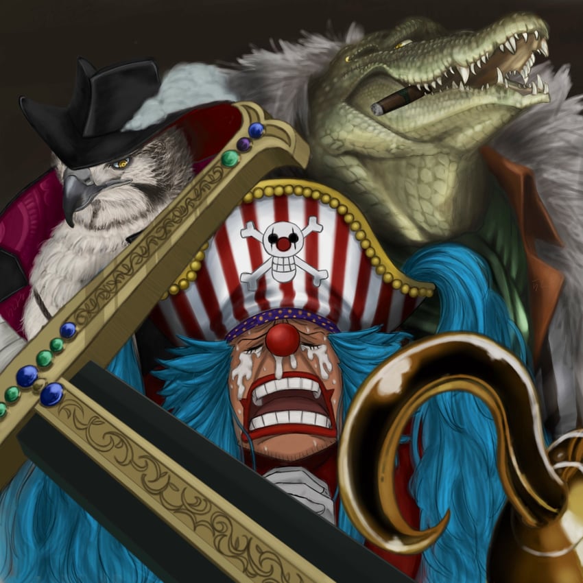 crocodile, buggy the clown, and dracule mihawk (one piece) drawn by ratoel23