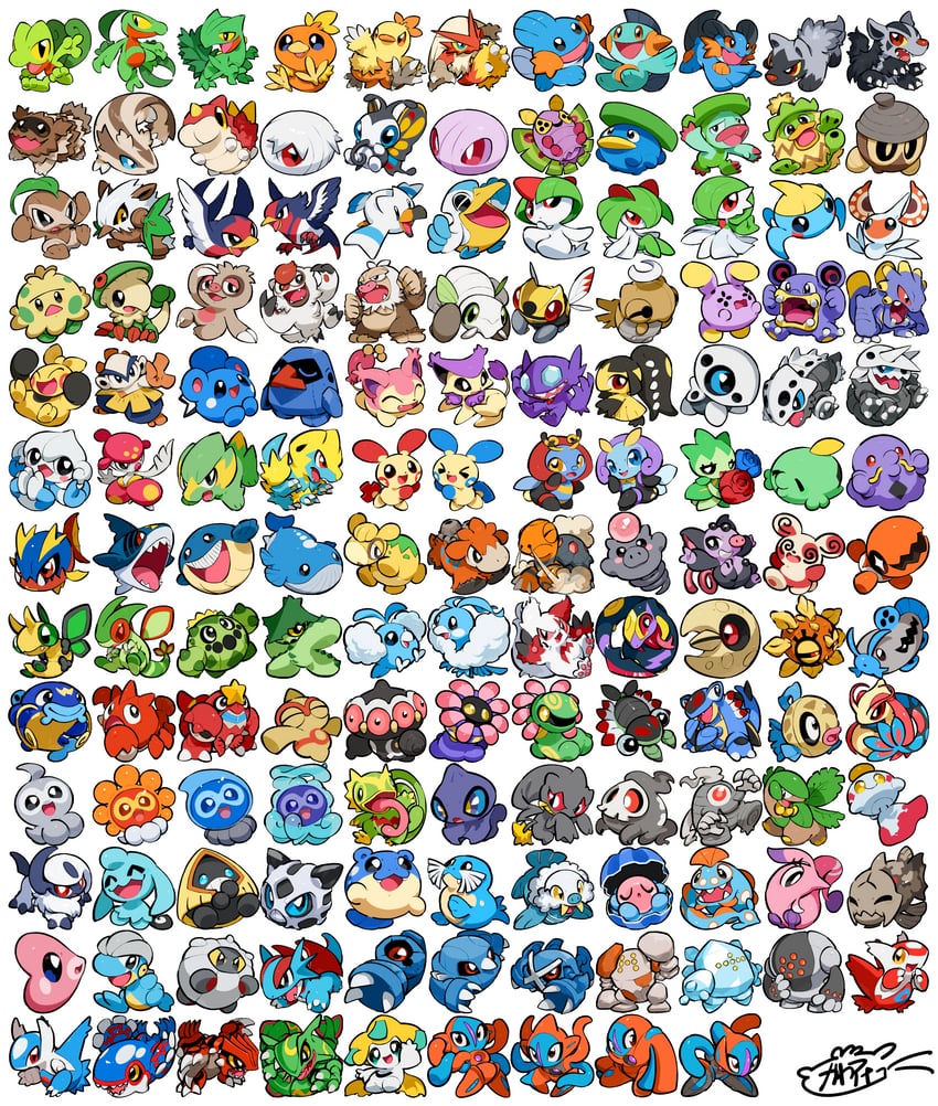 gardevoir, kirlia, jirachi, torchic, mudkip, and 129 more (pokemon and 1 more) drawn by kawaanago