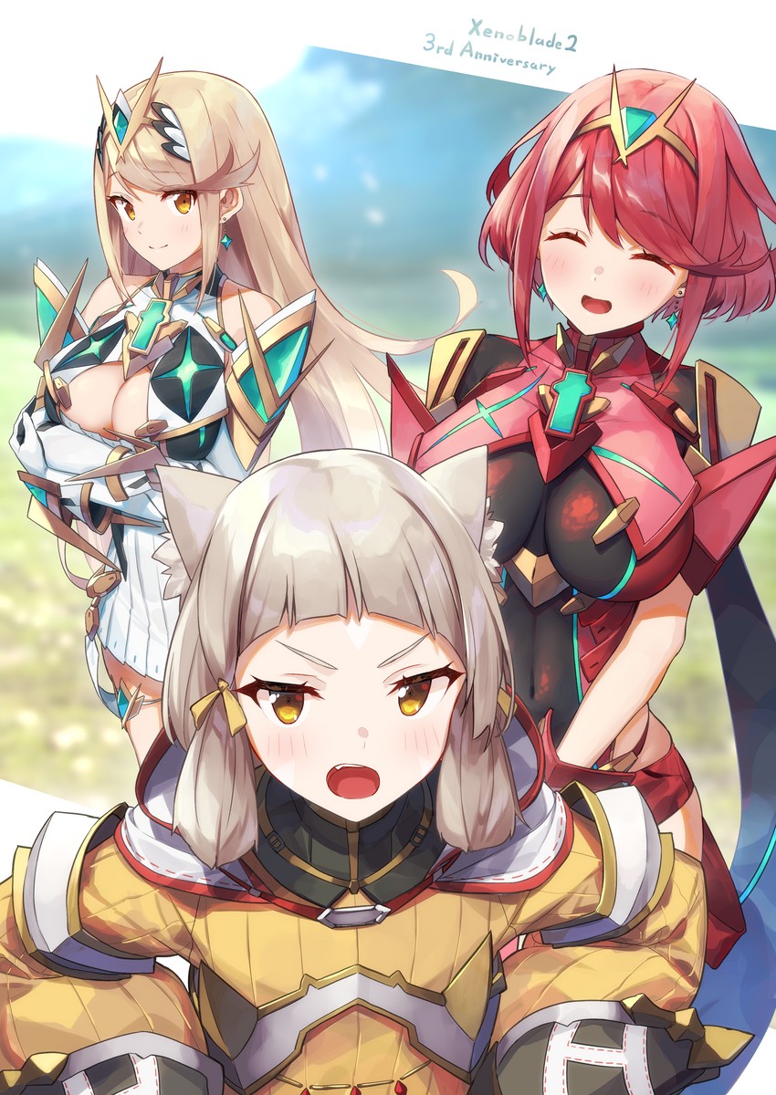 pyra, mythra, and nia (xenoblade chronicles and 1 more) drawn by baffu