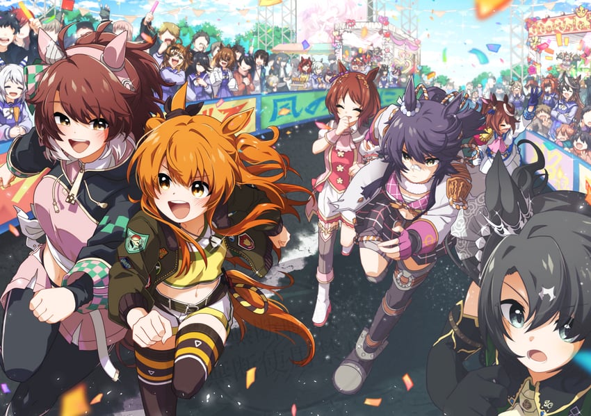 agnes tachyon, manhattan cafe, tokai teio, satono diamond, nice nature, and 17 more (umamusume) drawn by shikushiku_(amamori_weekly)