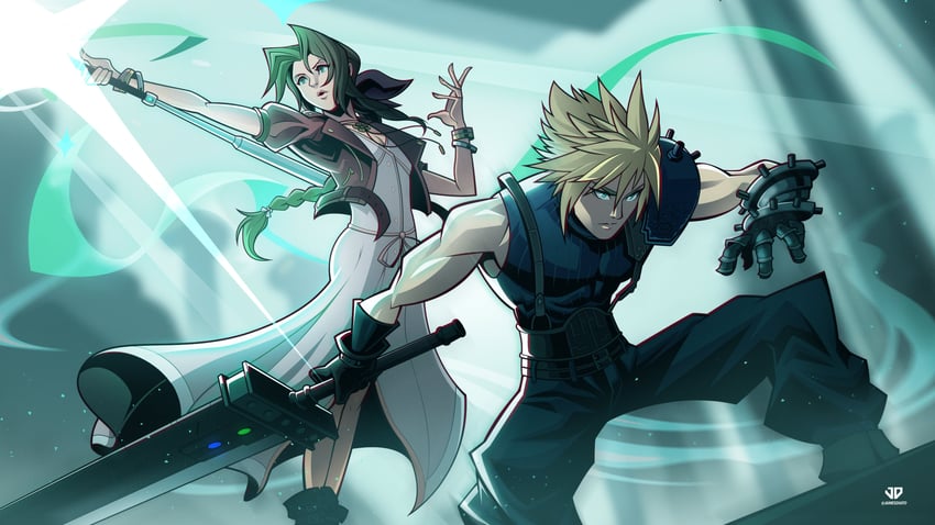 cloud strife and aerith gainsborough (final fantasy and 3 more) drawn by james_diato