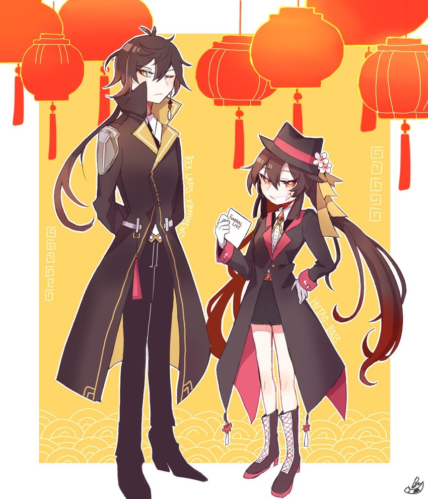 hu tao and zhongli (genshin impact) drawn by kongbz_gimpact