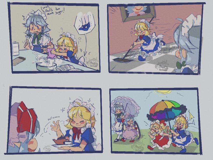remilia scarlet, flandre scarlet, izayoi sakuya, and mugetsu (touhou) drawn by noctiilio