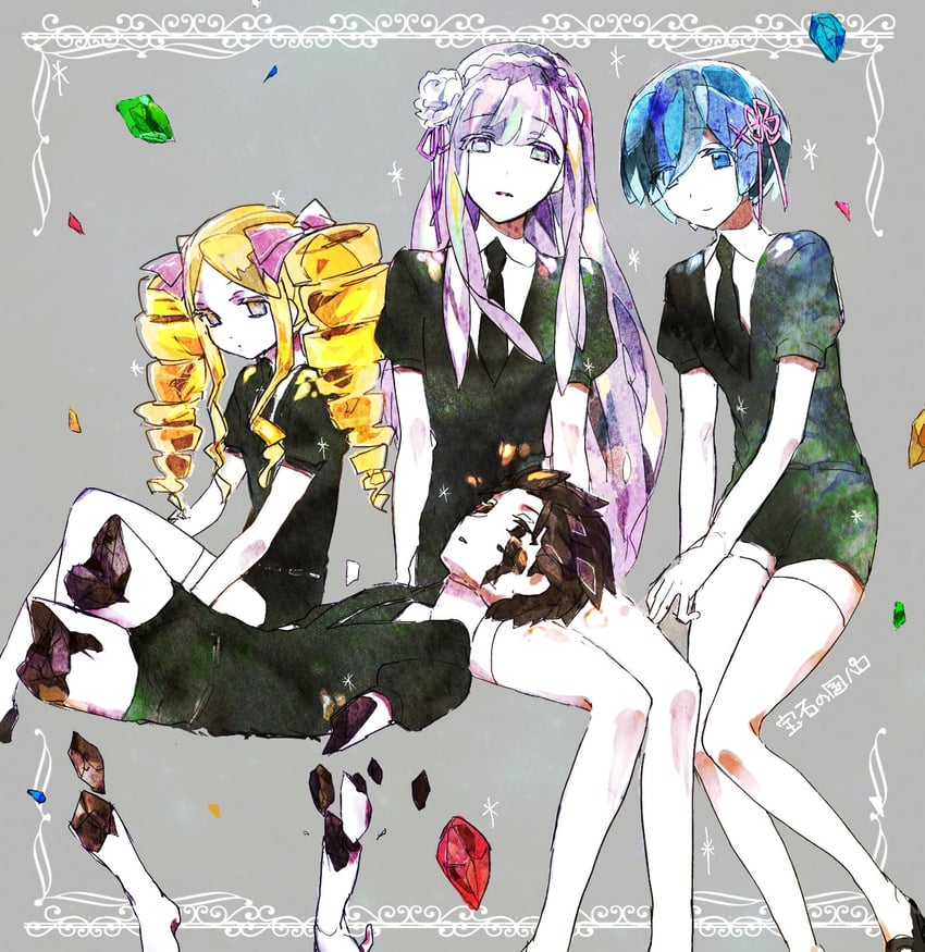 rem, emilia, natsuki subaru, and beatrice (re:zero kara hajimeru isekai seikatsu and 1 more) drawn by sakai_(knnkwakame)