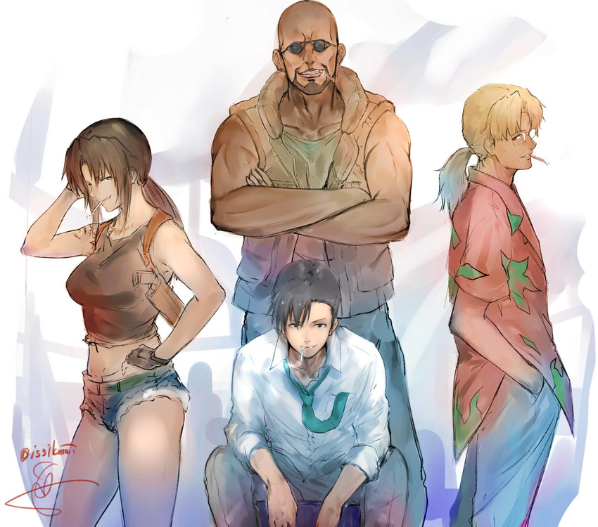 revy, okajima rokuro, dutch, and benny (black lagoon) drawn by isshiki_(ffmania7)