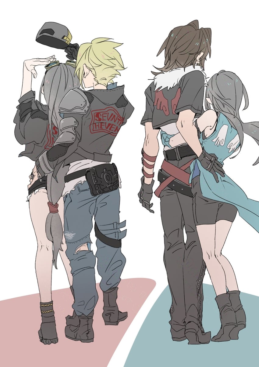 tifa lockhart, cloud strife, squall leonhart, and rinoa heartilly (final fantasy and 4 more) drawn by oshibainoticket