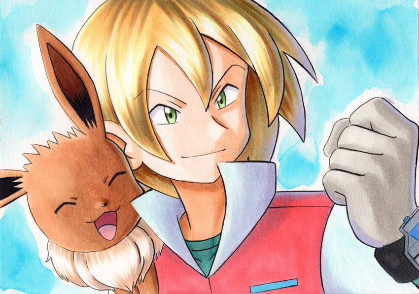 eevee and virgil (pokemon and 1 more) drawn by oka_mochi