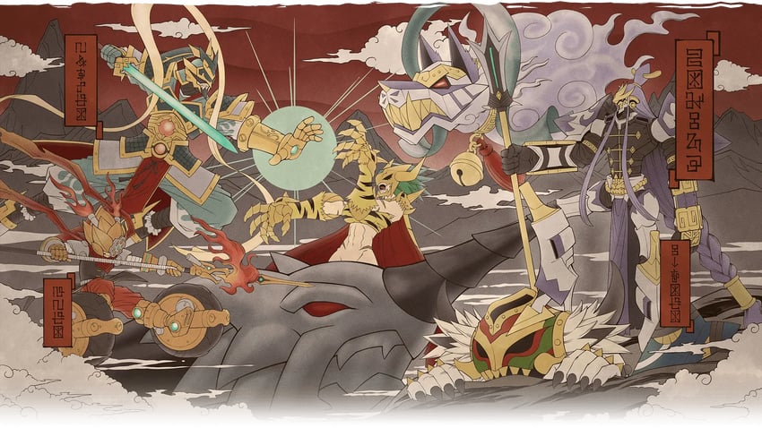 kinkakumon, nezhamon, ginkakumon, erlangmon, kotenken, and 2 more (digimon) drawn by kazuki_seihou