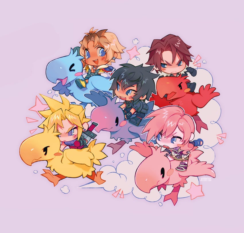 cloud strife, squall leonhart, lightning farron, noctis lucis caelum, and tidus (final fantasy and 5 more) drawn by jetbytes
