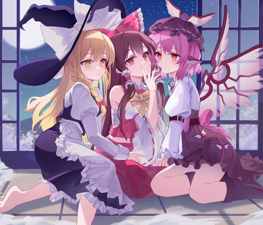 hakurei reimu, kirisame marisa, and mystia lorelei (touhou) drawn by samele_otaku