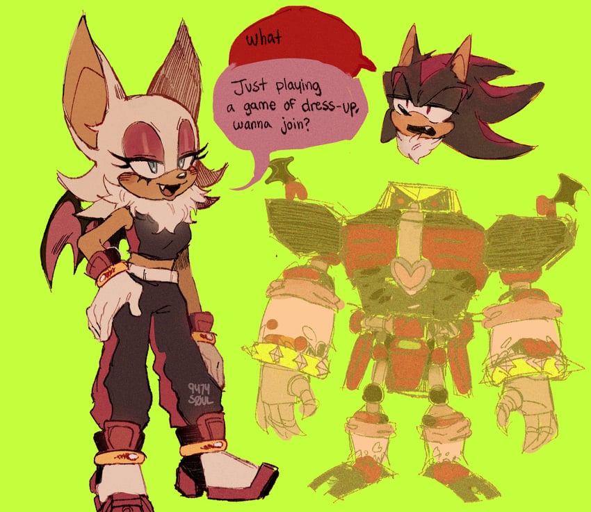 shadow the hedgehog, rouge the bat, and e-123 omega (sonic) drawn by 9474s0ul