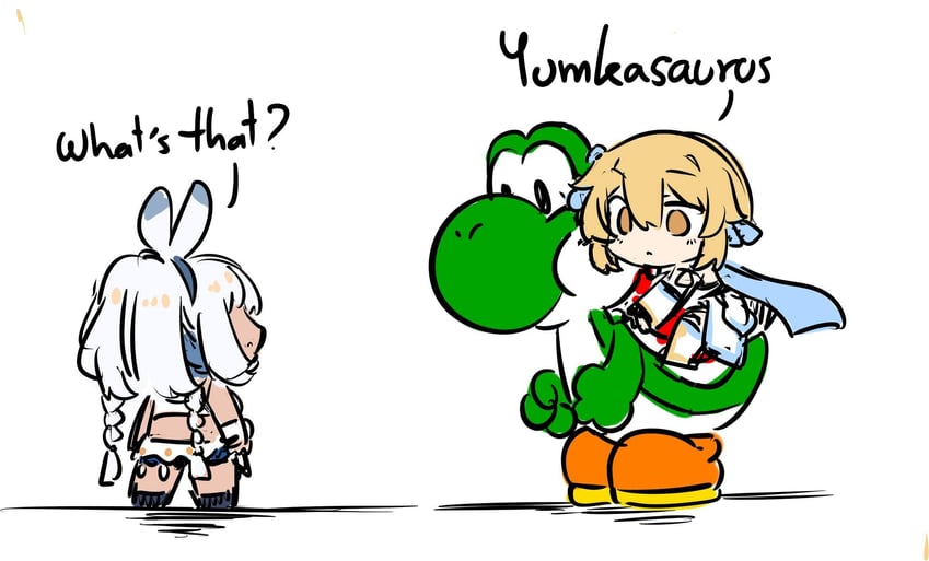 lumine, mualani, and yoshi (genshin impact and 1 more) drawn by sesield