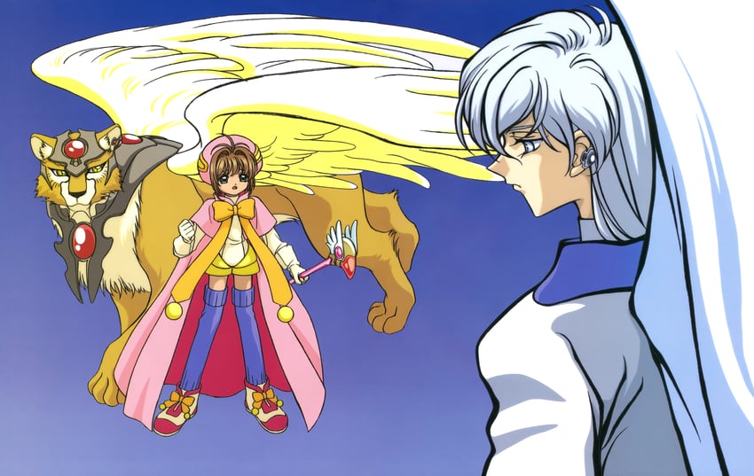 kinomoto sakura, kero, yue, and kerberos (cardcaptor sakura) drawn by takahashi_kumiko