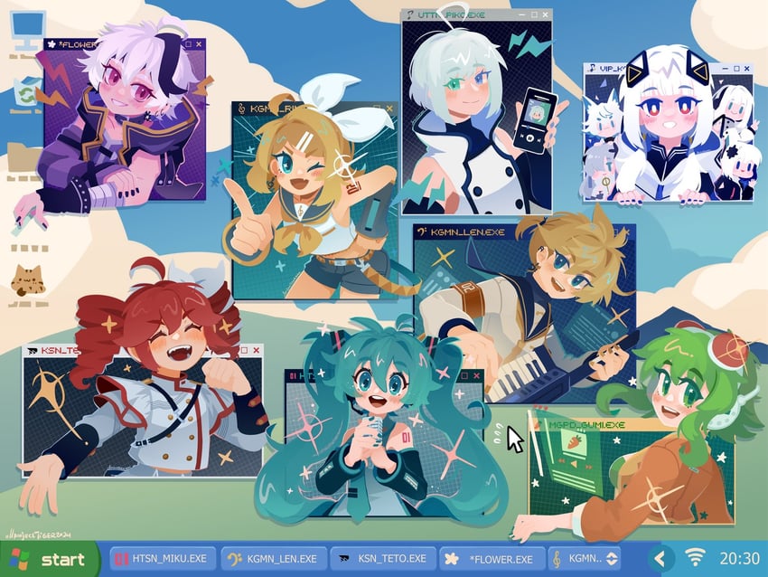hatsune miku, kagamine rin, kagamine len, kasane teto, gumi, and 7 more (vocaloid and 7 more) drawn by projecttiger