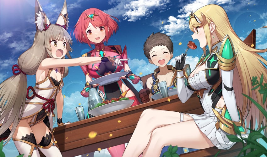 pyra, mythra, rex, and nia (xenoblade chronicles and 1 more) drawn by green322