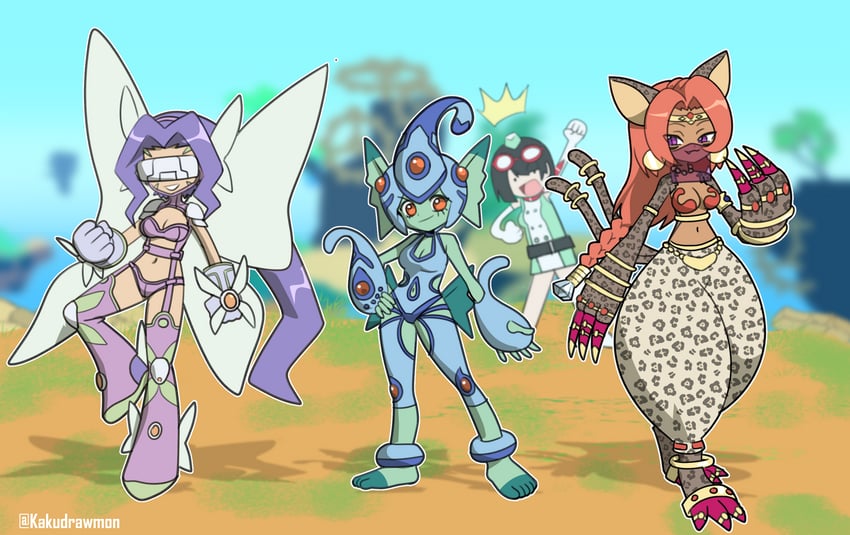 fairimon, ranamon, yuuki kanan, and bastemon (digimon and 1 more) drawn by kakudrawmon
