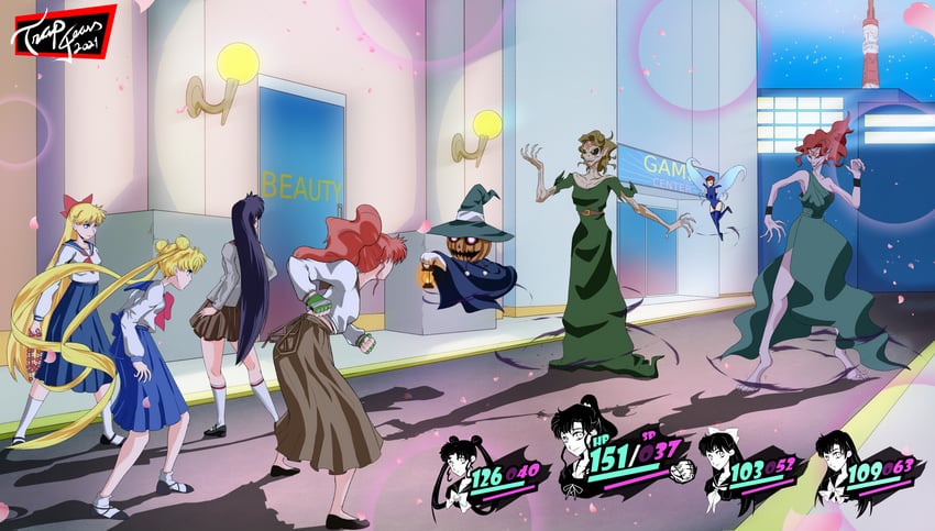 tsukino usagi, aino minako, hino rei, kino makoto, pixie, and 3 more (persona and 2 more) drawn by trapgears