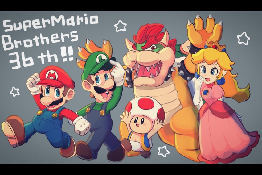 princess peach, mario, luigi, bowser, toad, and 1 more (mario) drawn by hiyashimeso