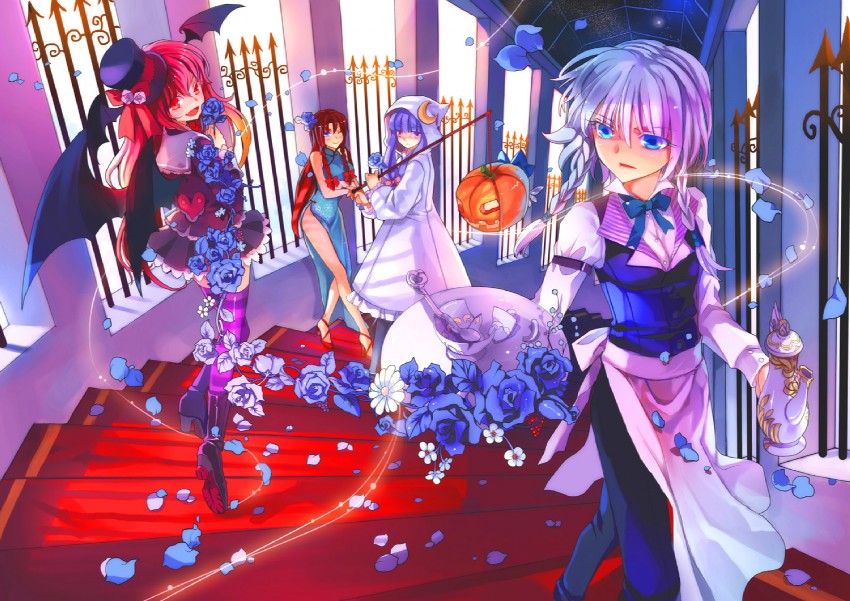 izayoi sakuya, cirno, patchouli knowledge, hong meiling, and koakuma (touhou) drawn by hakoiri_nekohime