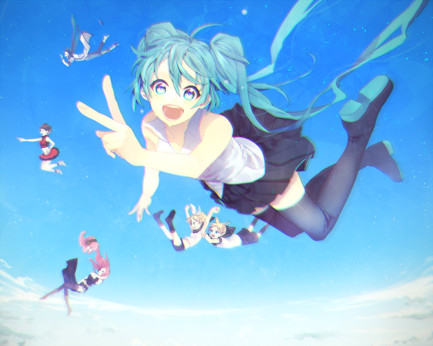 hatsune miku, kagamine rin, kagamine len, megurine luka, kaito, and 1 more (vocaloid) drawn by kyama