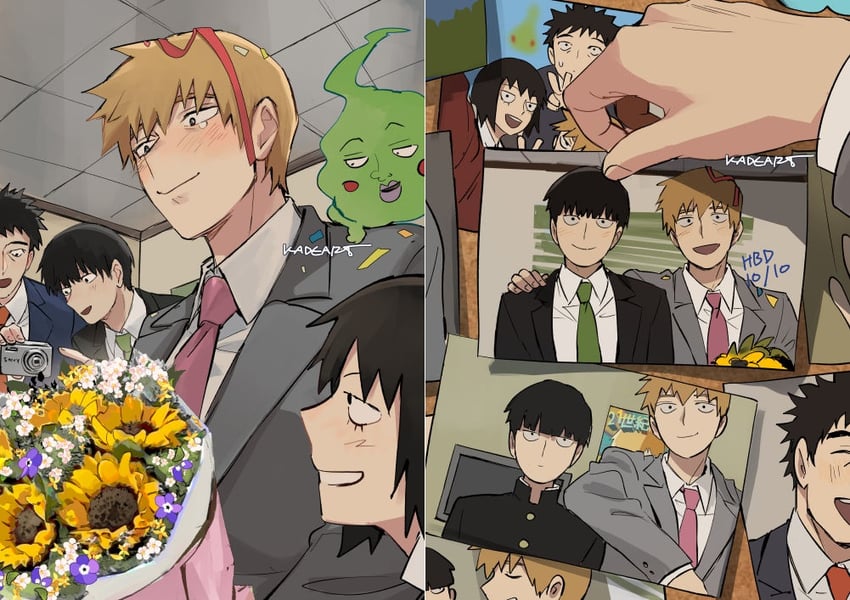 kageyama shigeo, reigen arataka, ekubo, kurata tome, and serizawa katsuya (mob psycho 100) drawn by angrymobroomm