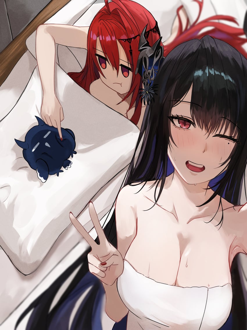 nerissa ravencroft, elizabeth rose bloodflame, and jailbird (hololive and 1 more) drawn by canvas_sensei