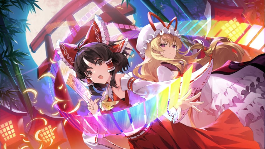 hakurei reimu and yakumo yukari (touhou and 1 more) drawn by kawaguchi_(mojacome)