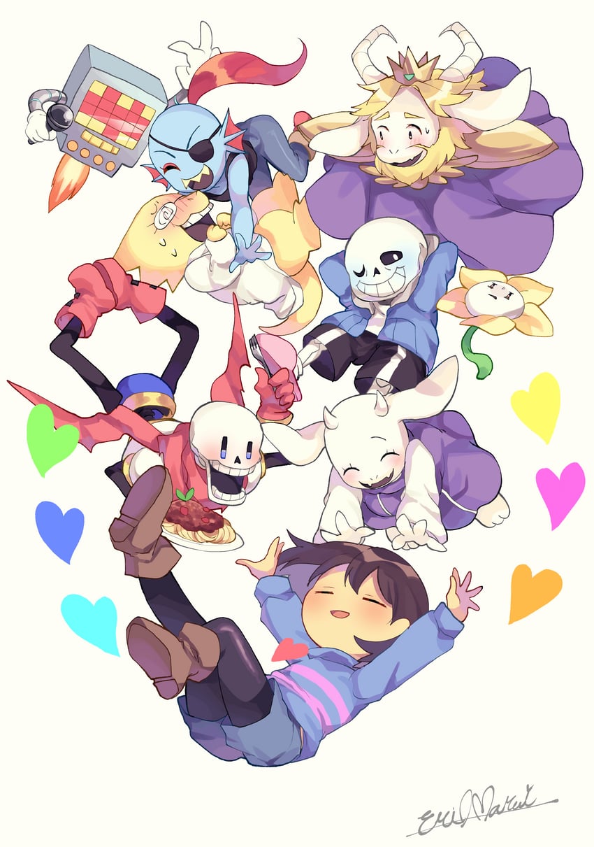 frisk, sans, papyrus, undyne, toriel, and 4 more (undertale) drawn by marueri