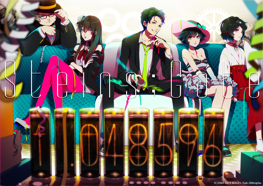 makise kurisu, okabe rintarou, shiina mayuri, urushibara luka, and hashida itaru (steins;gate) drawn by akiakane