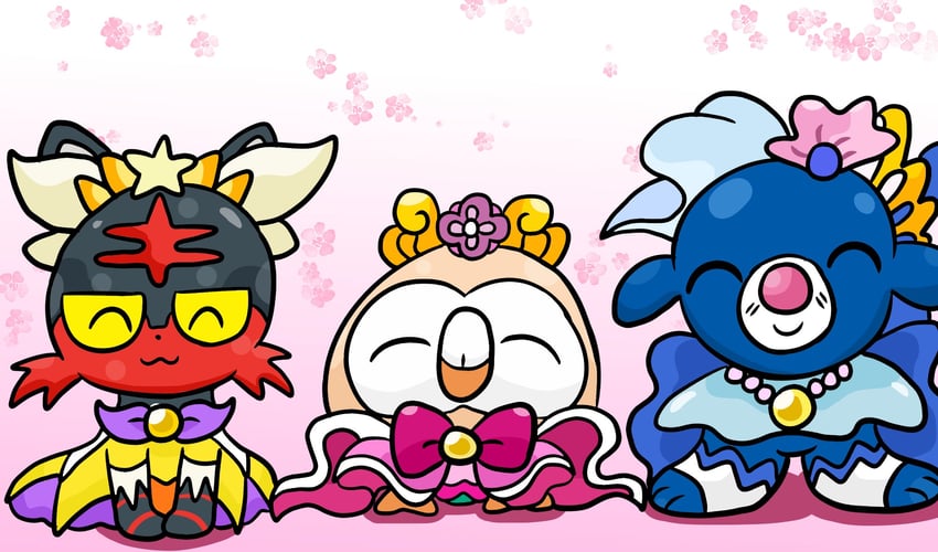 rowlet, popplio, litten, cure twinkle, cure flora, and 1 more (pokemon and 2 more) drawn by kiravera8