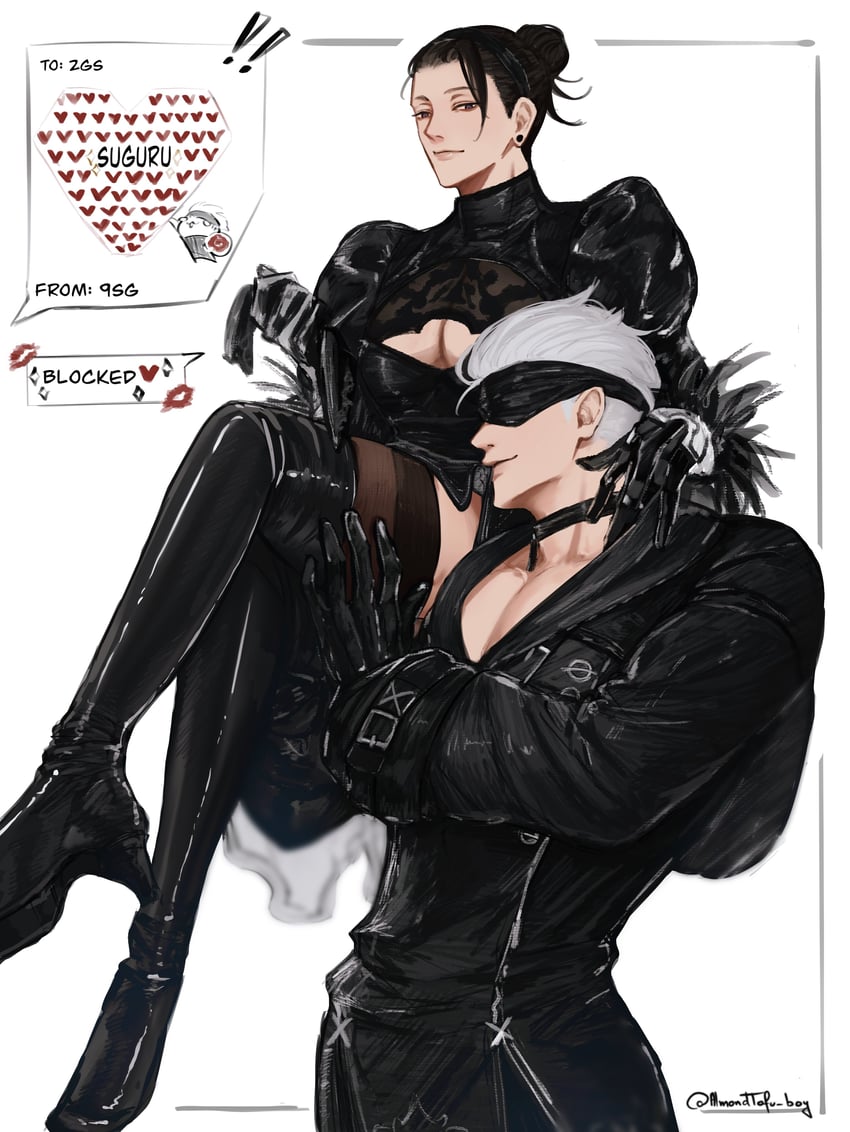 2b, gojou satoru, 9s, and getou suguru (jujutsu kaisen and 2 more) drawn by almondtofu_boy