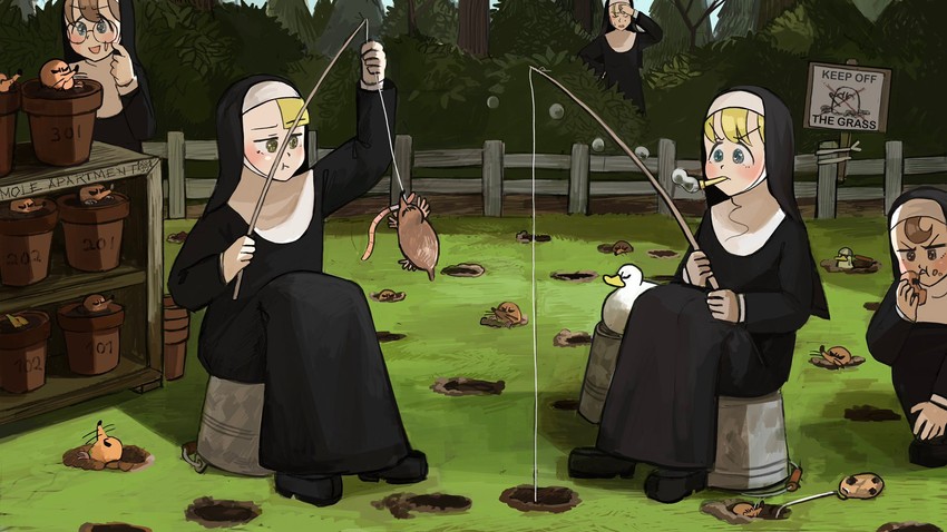 clumsy nun, froggy nun, spicy nun, strict nun, and glasses nun (little nuns) drawn by diva_(hyxpk)