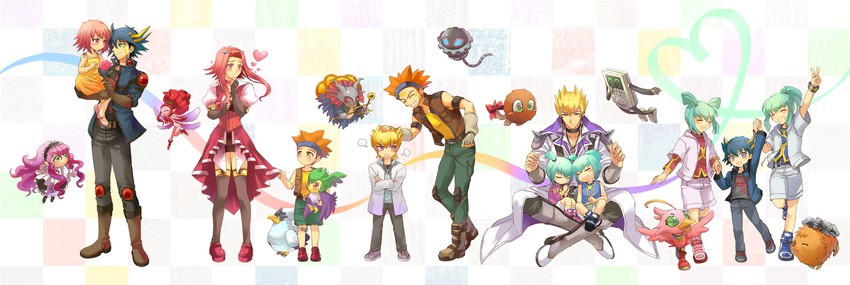 fudo yusei, izayoi aki, jack atlas, kuriboh, luca, and 12 more (yu-gi-oh! and 1 more) drawn by shu_karaka