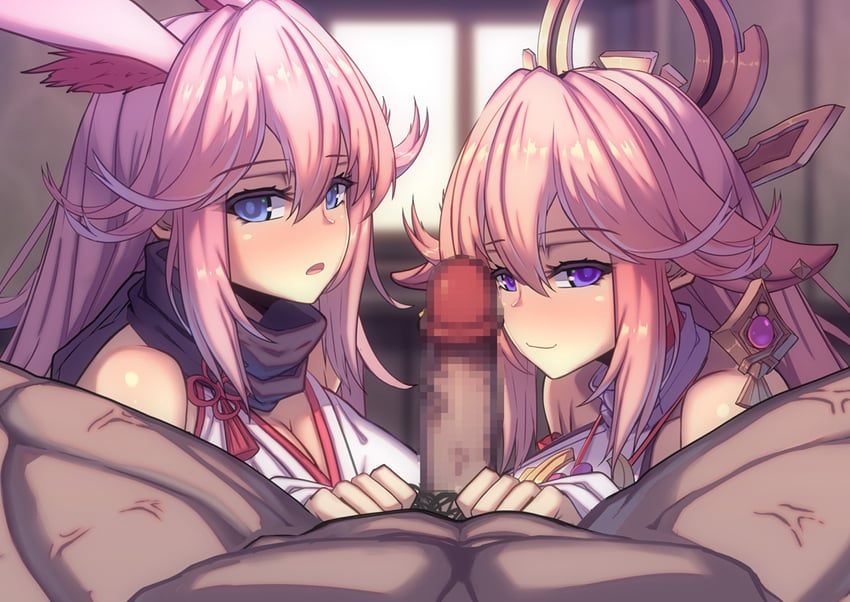 yae miko, yae sakura, and sakura ayane (genshin impact and 3 more) drawn by lao_meng