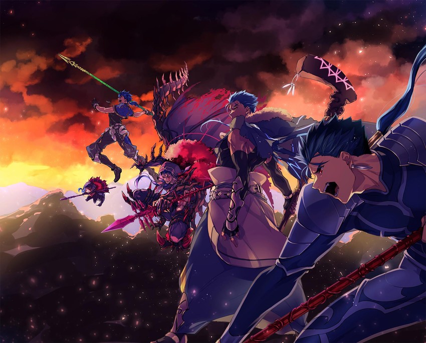cu chulainn alter, cu chulainn, and mini cu-chan (fate and 3 more) drawn by uni_(nico02)