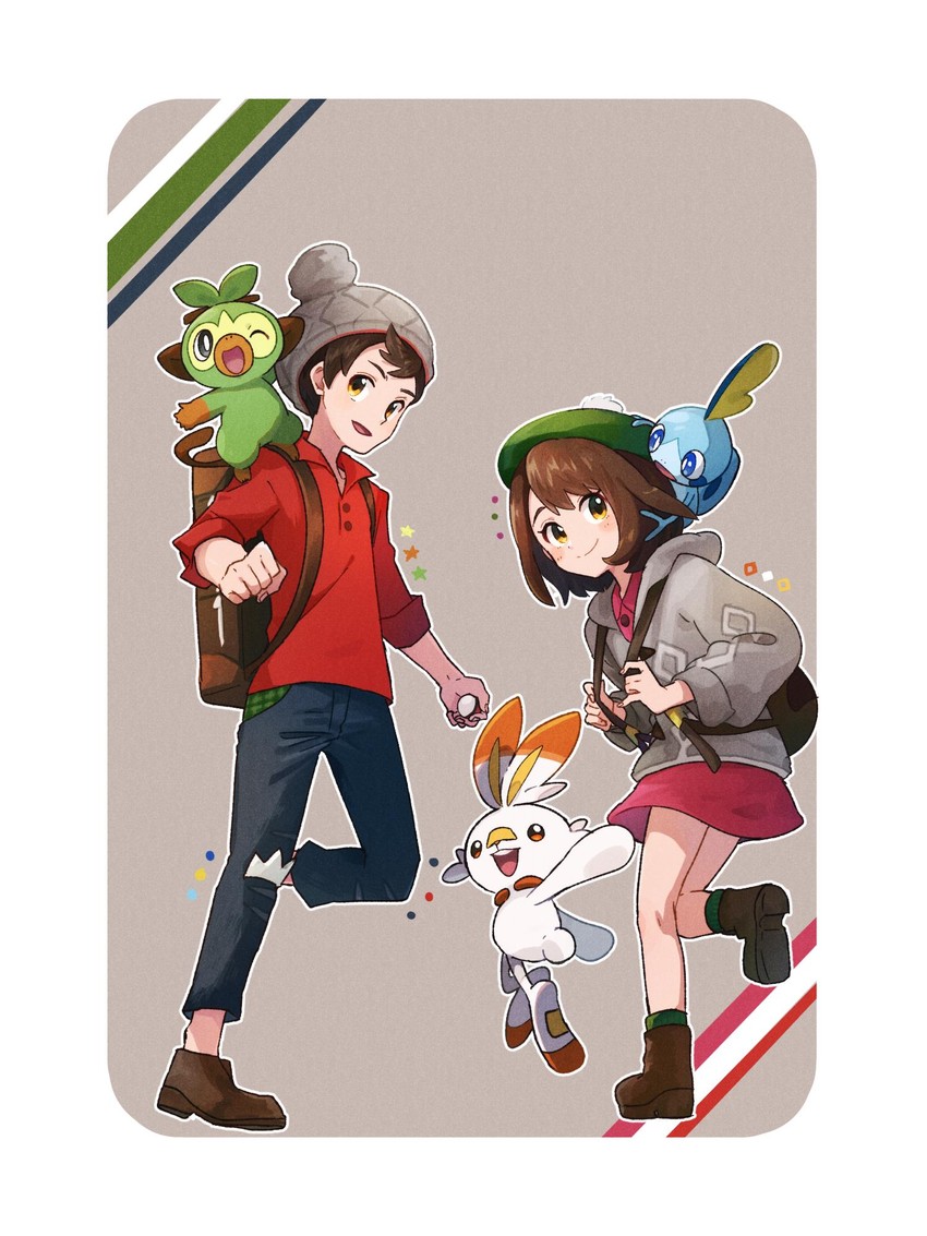 gloria, scorbunny, sobble, victor, and grookey (pokemon and 1 more) drawn by miu_(miuuu_721)