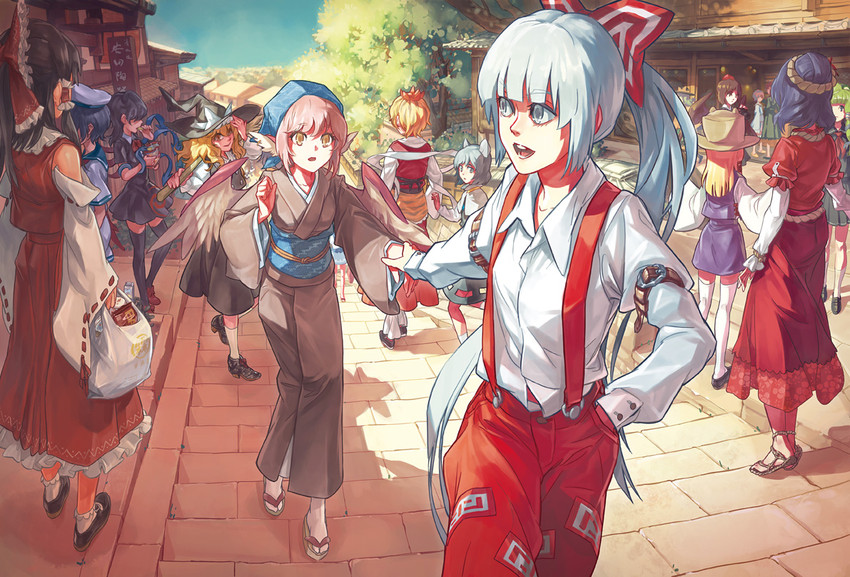 hakurei reimu, kirisame marisa, kochiya sanae, shameimaru aya, fujiwara no mokou, and 11 more (touhou and 1 more) drawn by momijigari