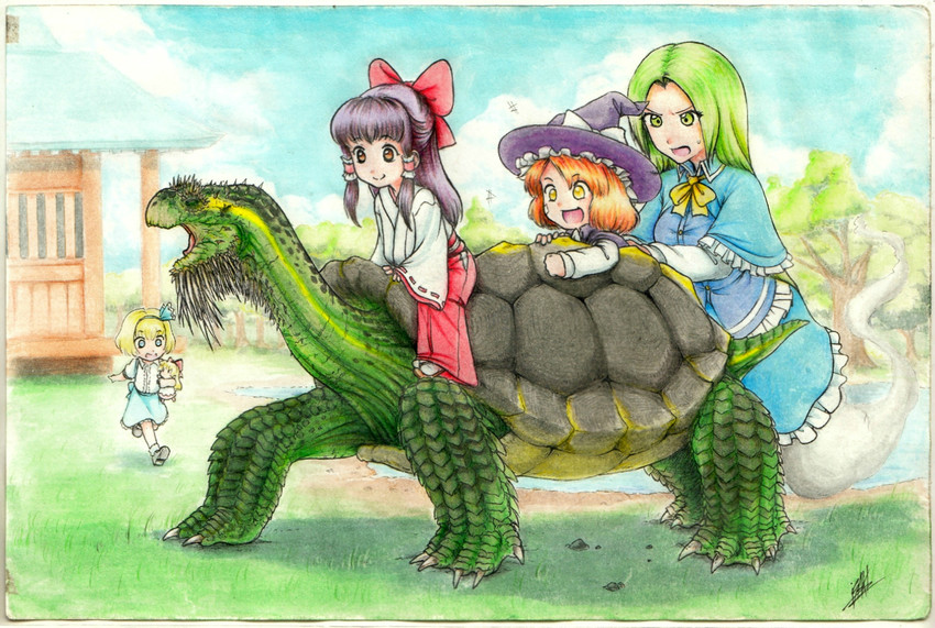 hakurei reimu, kirisame marisa, alice margatroid, shanghai doll, mima, and 1 more (touhou) drawn by isaki_tanaka